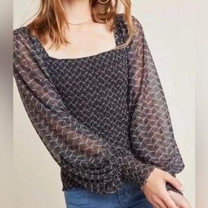 Anthropologie Black Gray Sheer Smocked Blouse